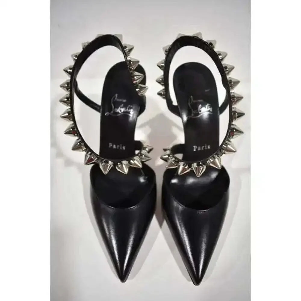 Christian Louboutin Spikita Pump 100 Black Silver Spike Strappy Sandal Heel 39 - Picture 7 of 12